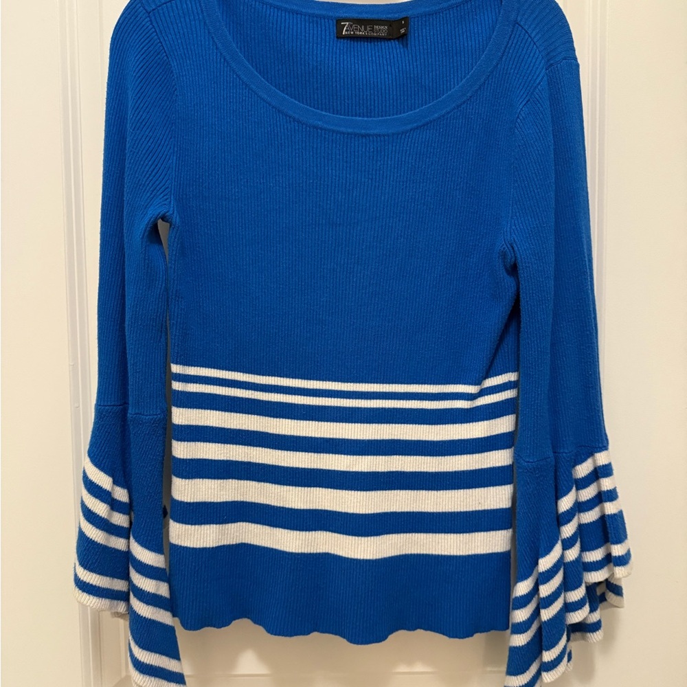 New York & Company Bell Sleeve Blue and White Striped Sweater Small